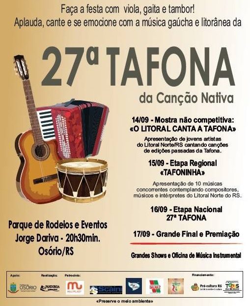 27ª Tafona da Canção Nativa e 1º Litoral Canta a Tafona tem data divulgada em Osório