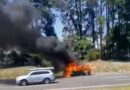 Veículo é destruído pelo fogo na freeway