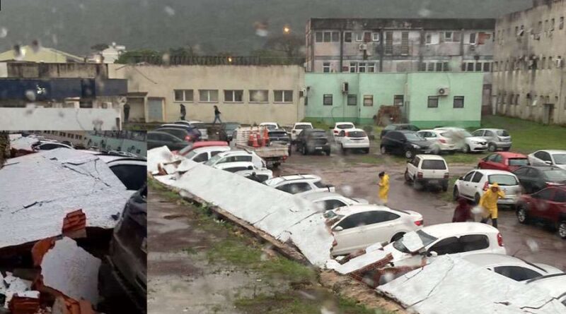 Muro desaba e atinge carros no hospital de Osório