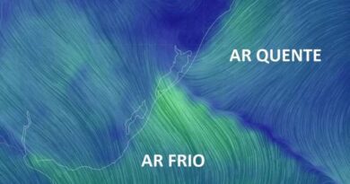 Faixa de vento divergente separando ar quente e frio é registrado junto ao litoral do RS