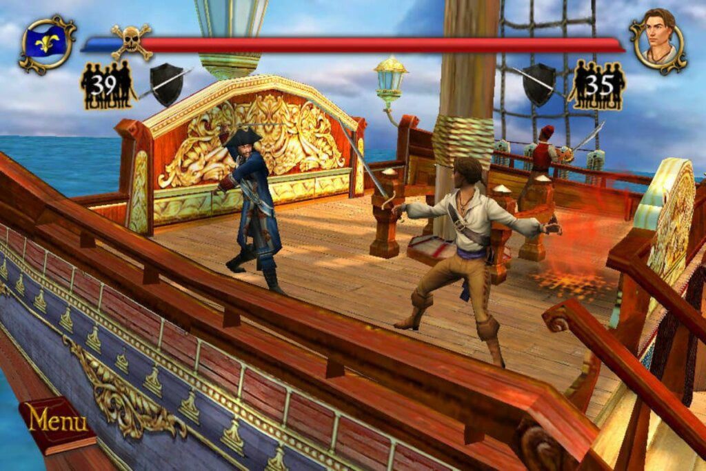 Ilustração de dois piratas lutando em um barco no jogo Sid Meier's Pirates!