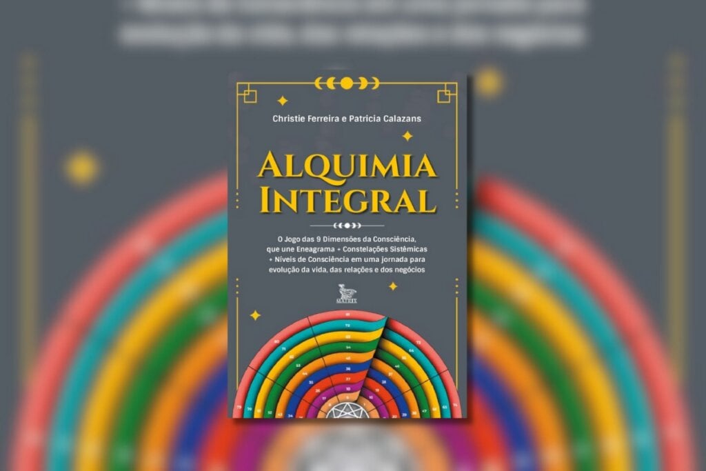 Ilustração de um arco-íris na capa do livro "Alquimia Integral"