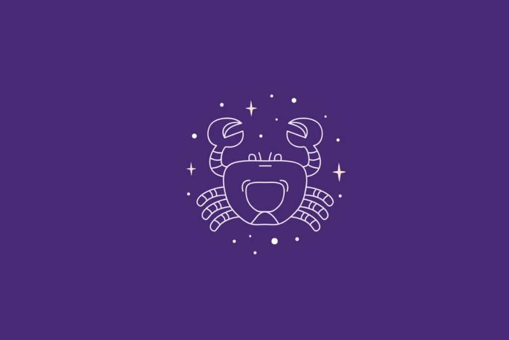 Ilustração do signo de câncer em um fundo roxo rodeado por estrelas