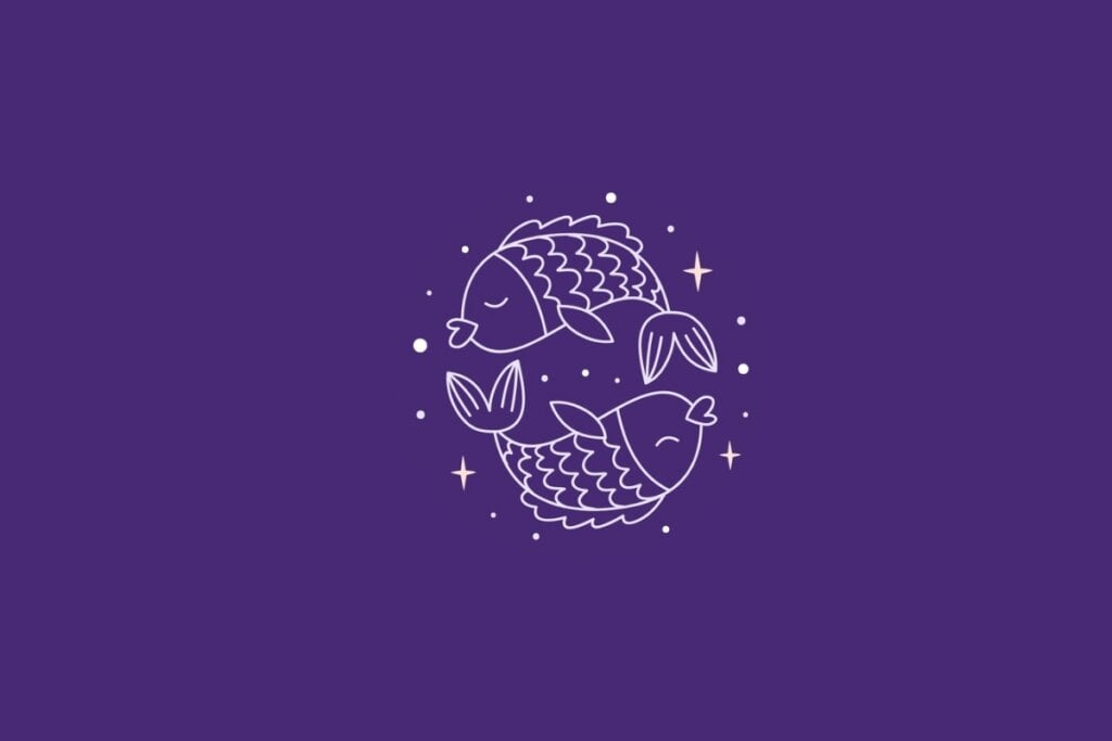 Ilustração do signo de peixes em um fundo roxo rodeado por estrelas