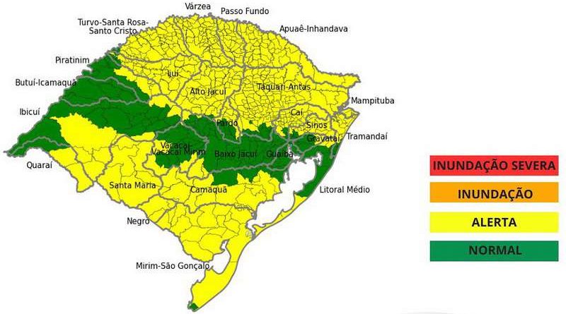 Previsão de chuvas coloca bacias hidrográficas do RS em alerta