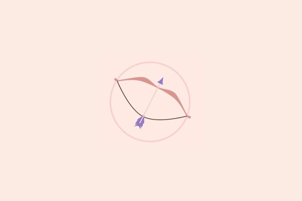 Ilustração de um arco e flecha roxo e rosa