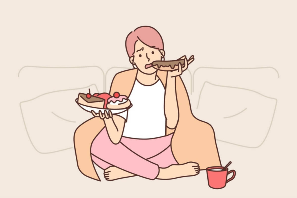 ilustração de menina sentada na cama comendo fastfood