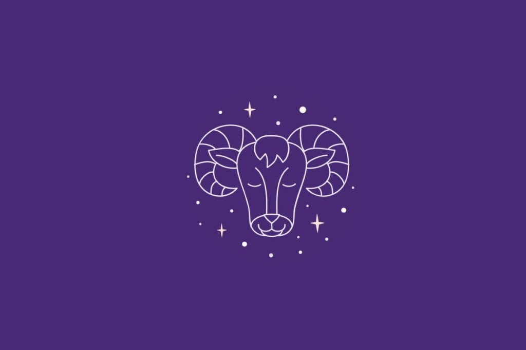 Ilustração do signo de Áries em um fundo roxo rodeado por estrelas