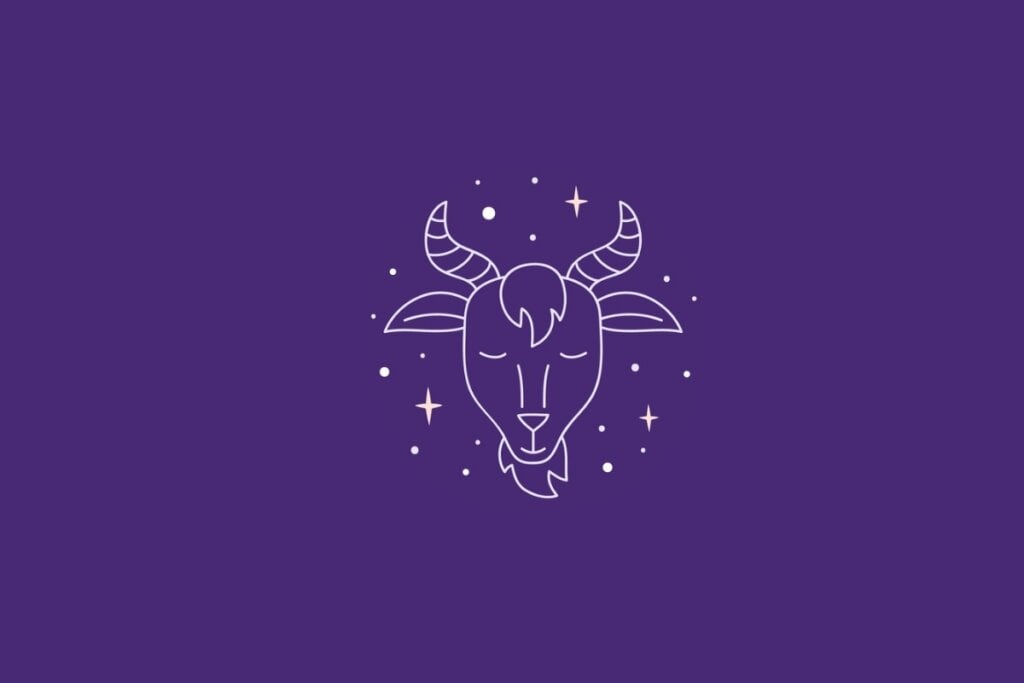 Ilustração do signo de Capricórnio em um fundo roxo rodeado por estrelas