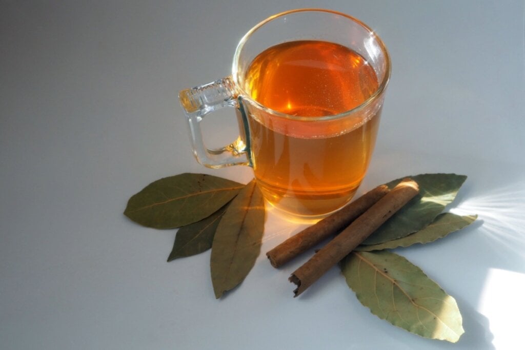 Chá de louro com canela em xícara de vidro; folhas de boldo e paus de canela ao lado