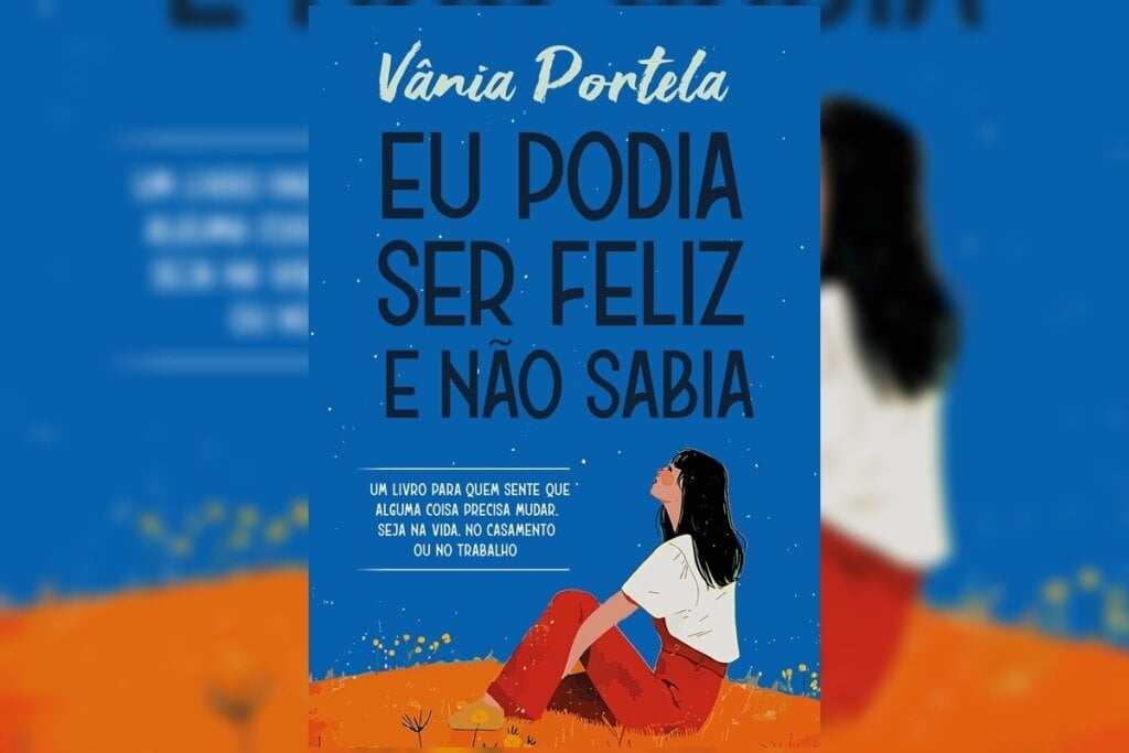 Ilustração de uma mulher sentada olhando para cima na capa do livro 'Eu podia ser feliz e não sabia'