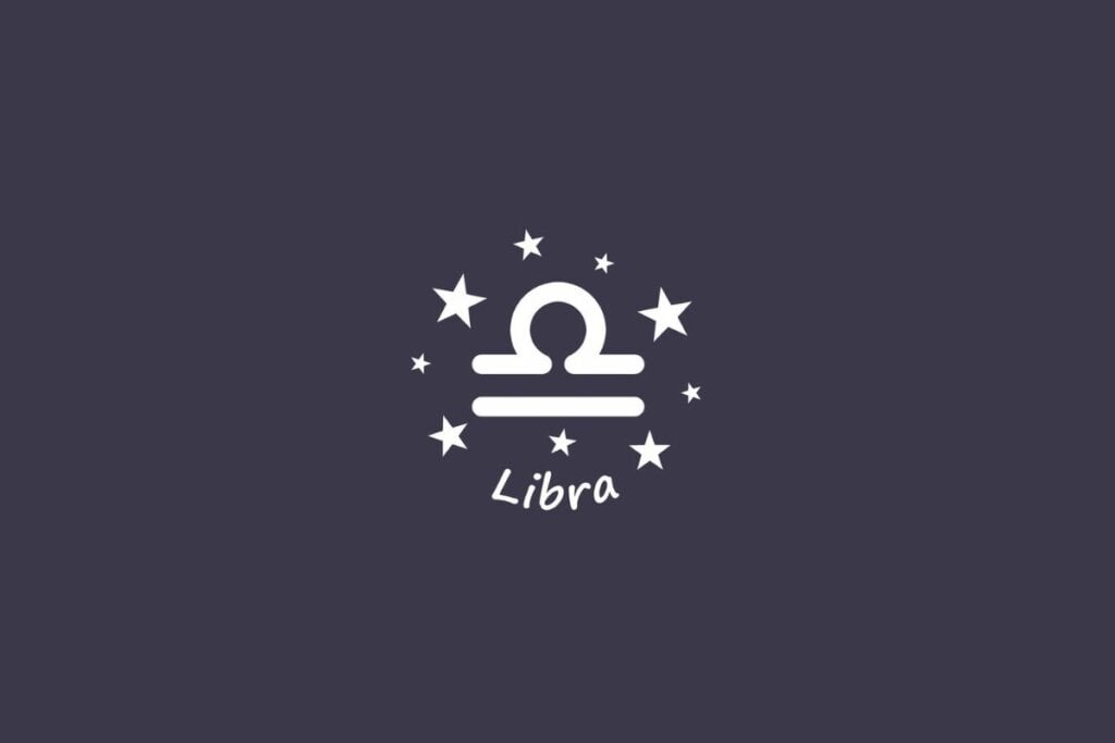 Ilustração do signo de Libra em branco com estrelas em um fundo cinza