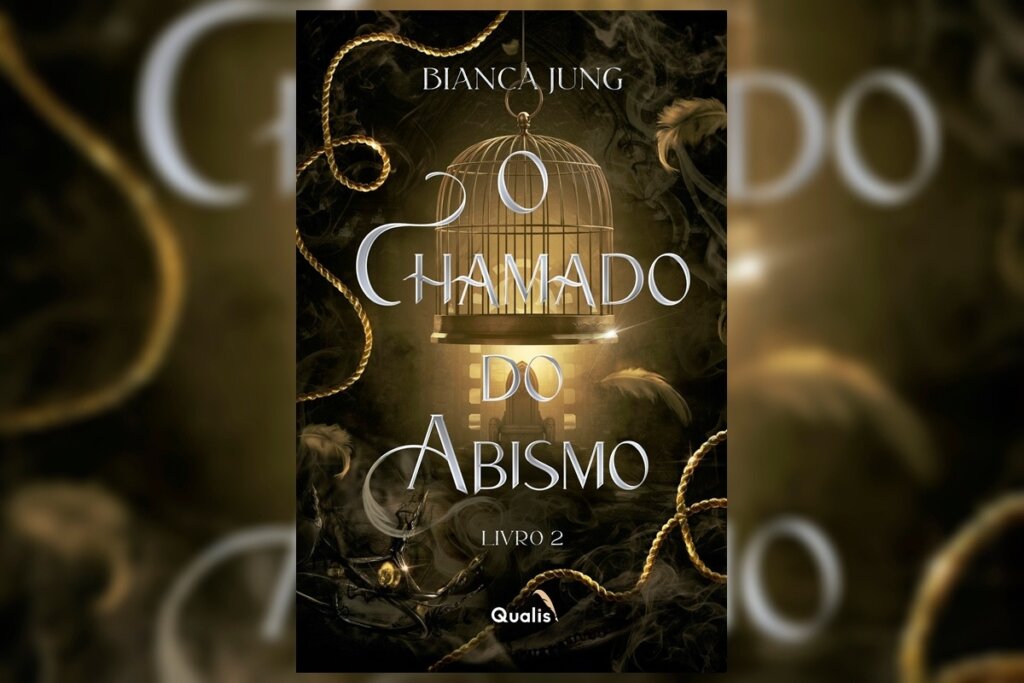 Capa do livro 'O chamado do Abismo' com a ilustração de uma gaiola iluminada em dourado 