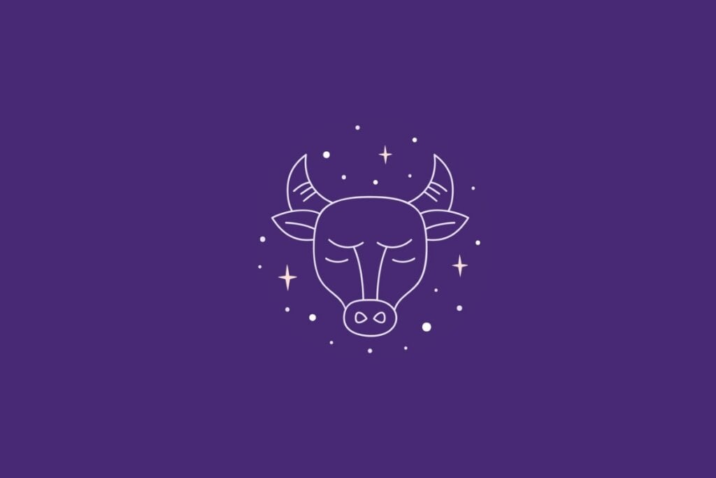 Ilustração do signo de Touro em um fundo roxo rodeado por estrelas