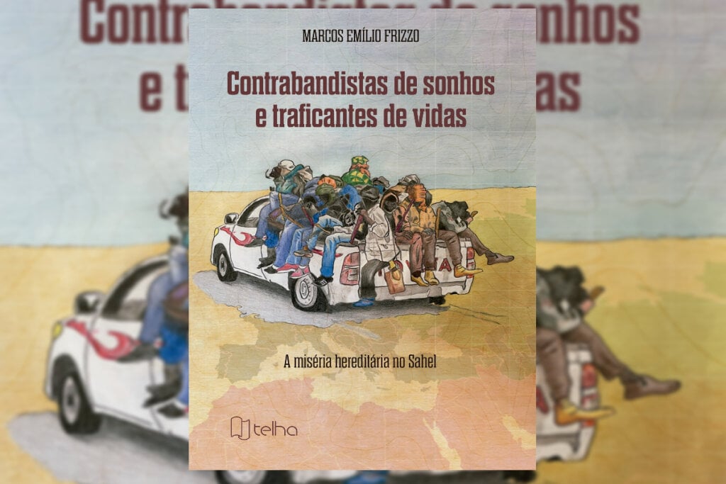 Capa de livro com diversas pessoas sendo levadas na parte traseira de um carro