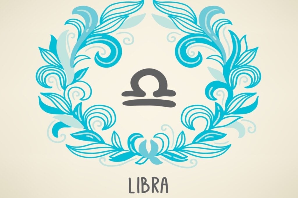 Ilustração com nome e símbolo do signo de libra com flores em volta