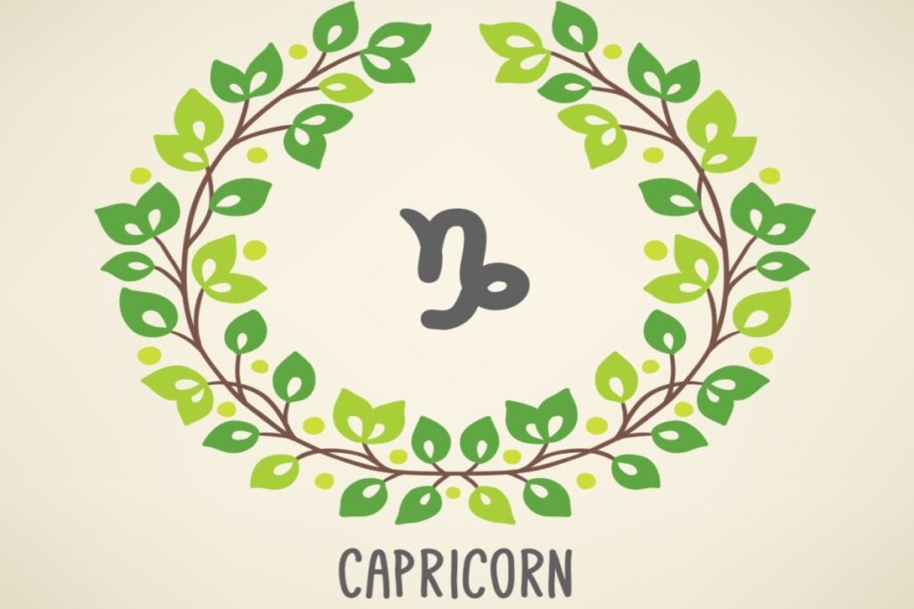 Ilustração com nome e símbolo do signo de capricórnio com flores em volta