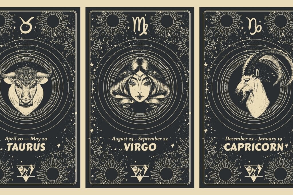 ilustração de cartas em tons de preto e bege com os Signos de Fogo: Áries, Leão e Sagitário