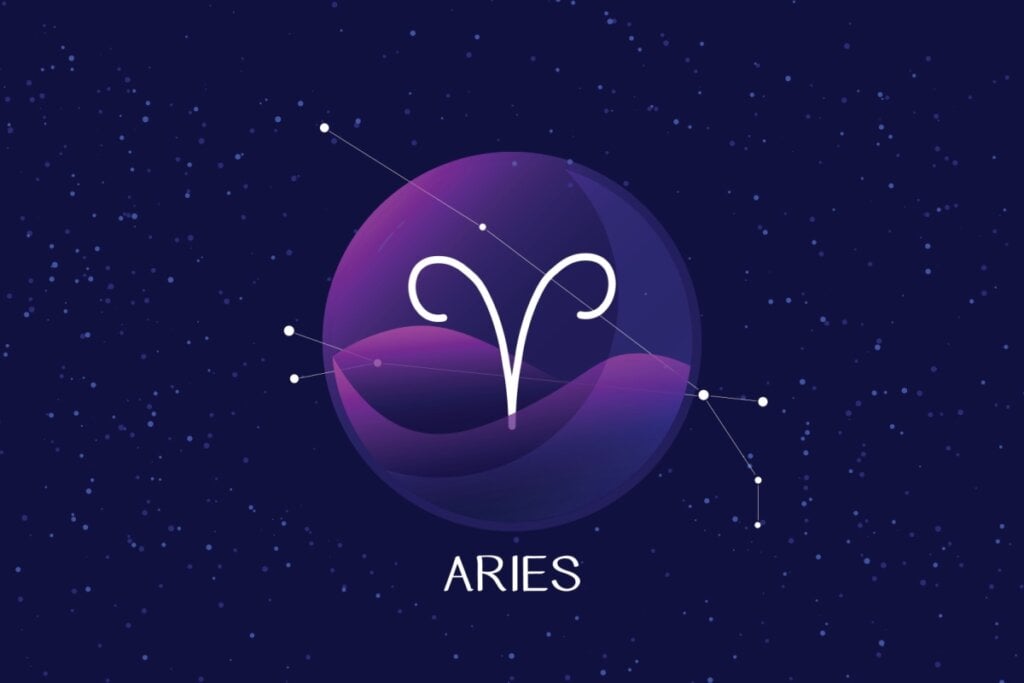 círculo roxo com o símbolo do signo de áries e fundo de estrelas