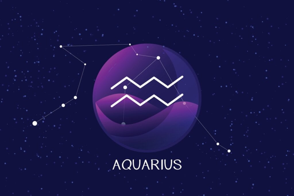 círculo roxo com o símbolo do signo de aquário e fundo de estrelas