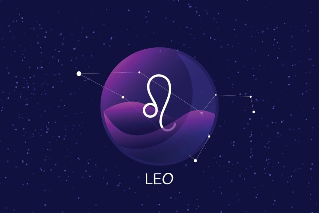 círculo roxo com o símbolo do signo de leão e fundo de estrelas