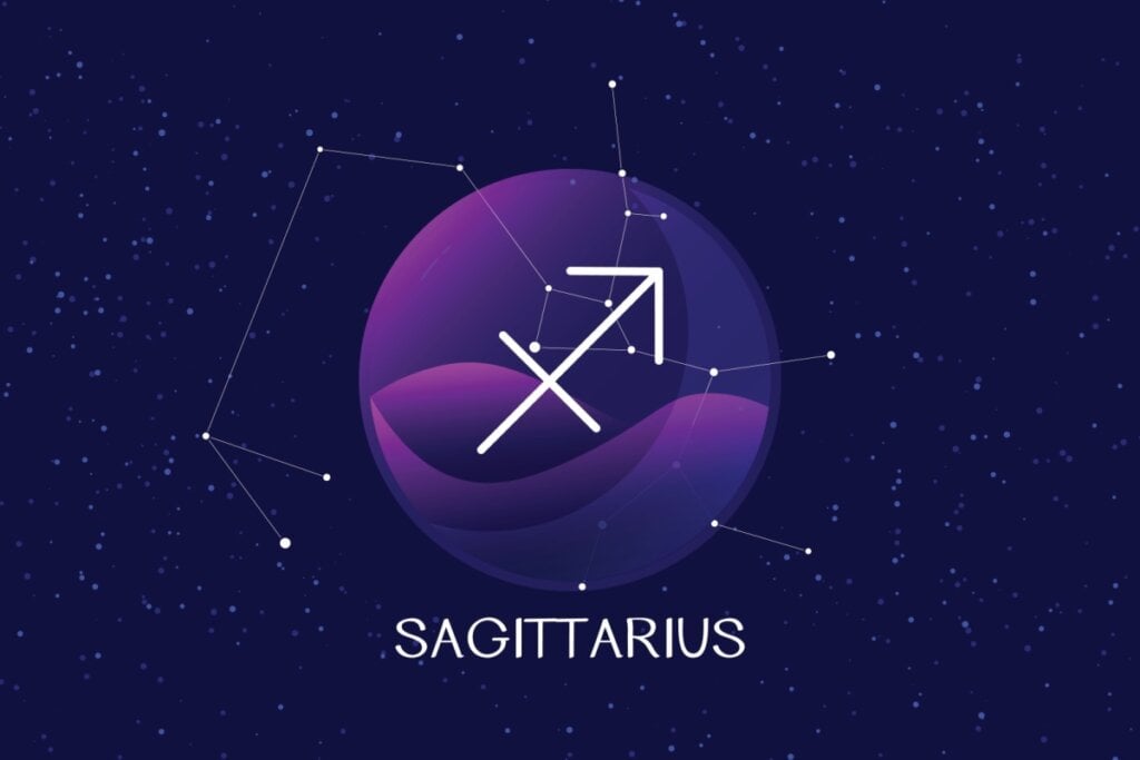 círculo roxo com o símbolo do signo de sagitário e fundo de estrelas