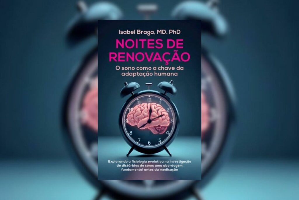 Capa do livro 'Noite de renovação' com a ilustração de um cérebro dentro de um relógio 