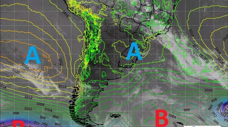 Satélite revela centro de alta pressão sobre o Sul do Brasil