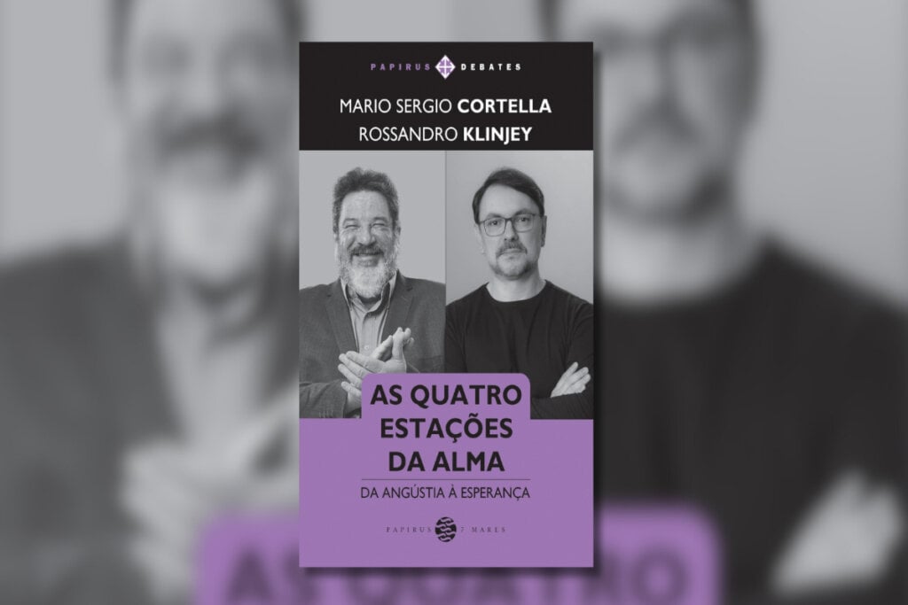 Capa de livro em preto e branco e roxo, com a imagem dos autores no fundo 