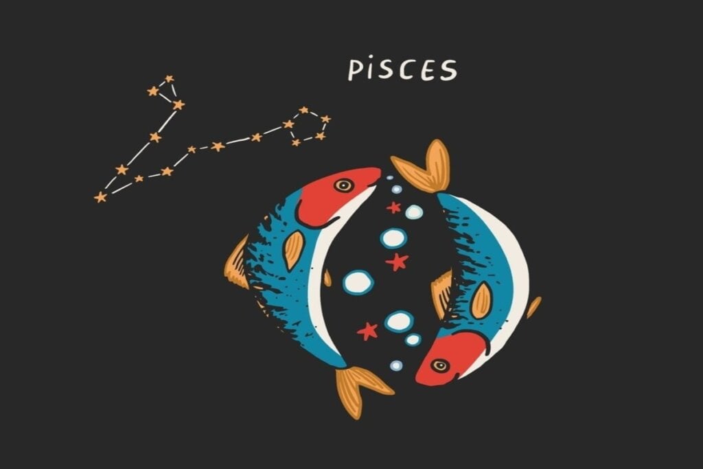 Ilustração colorida do símbolo do signo de peixes em fundo preto