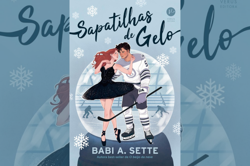 Capa de livro com o título e autor, com ilustração de casal patinando no gelo