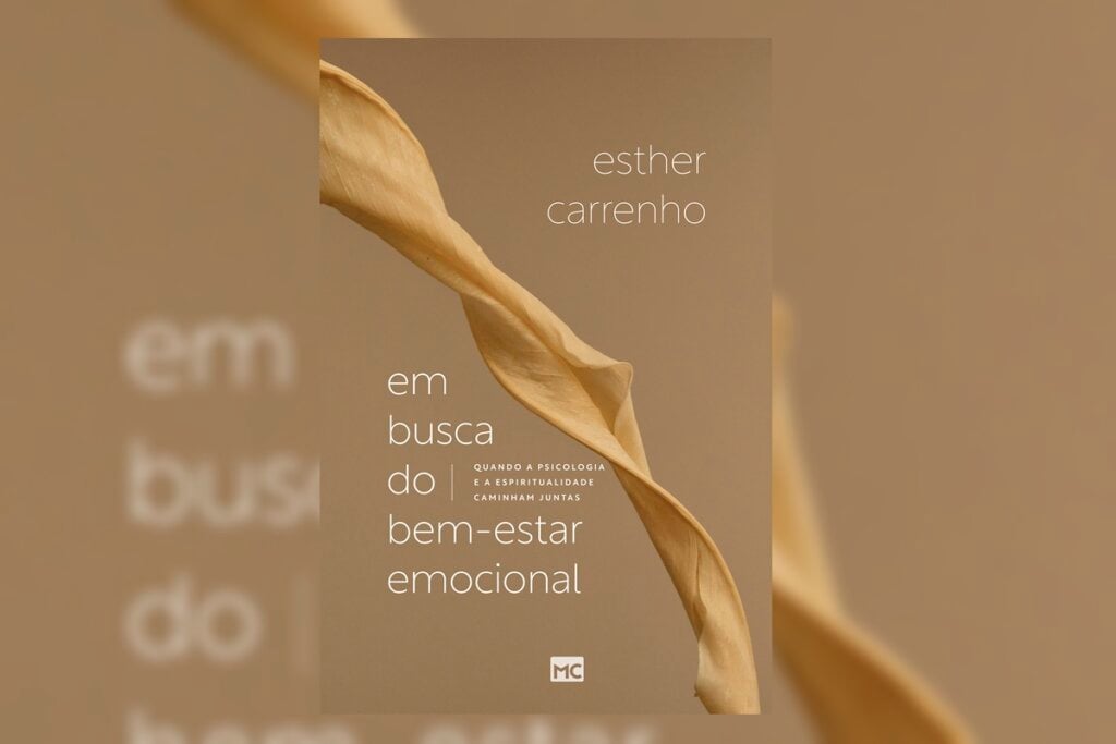 Capa do livro 'Em busca do bem-estar emocional' em marrom com a ilustração de uma fita voando 