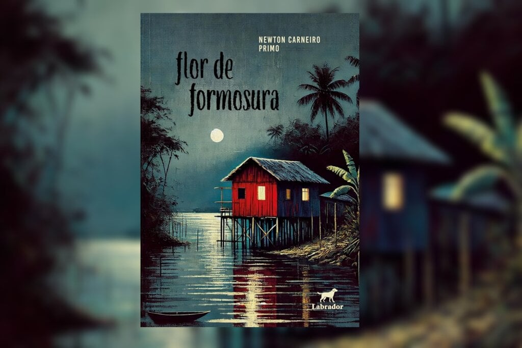 Capa do livro 'Flor de Formosura' com a ilustração de uma casa com um lago em uma floresta 