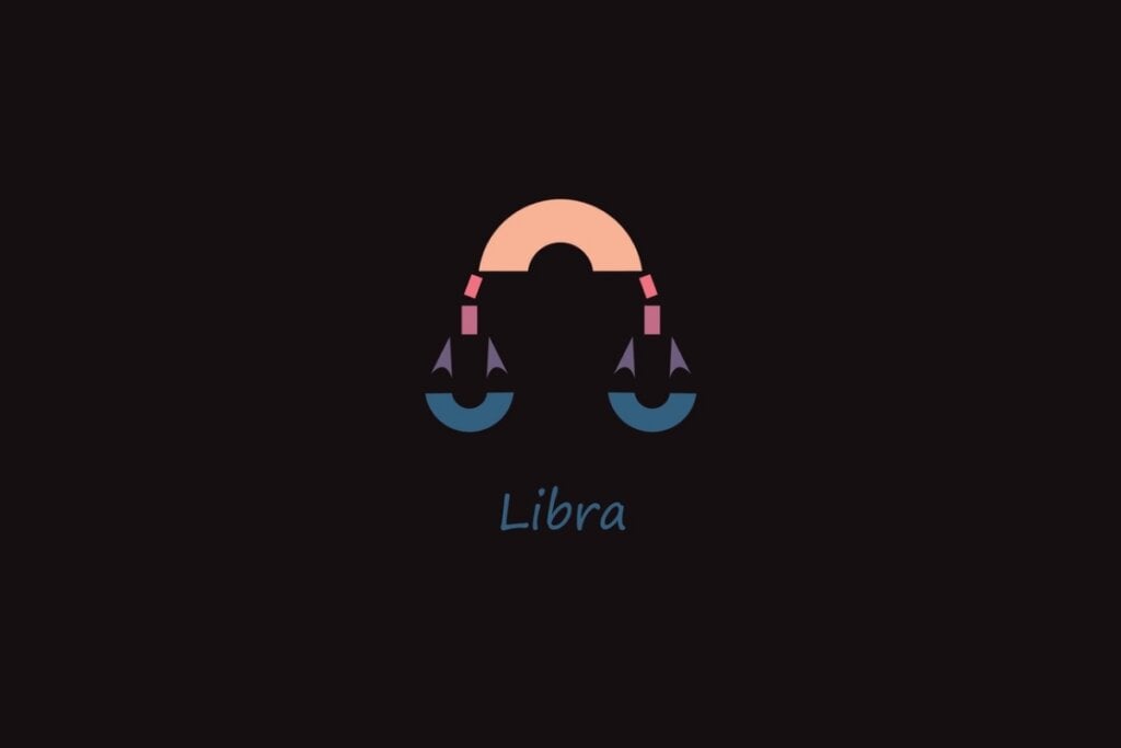 Ilustração do signo de Libra em formato geométrico nas cores rosa, roxo e azul