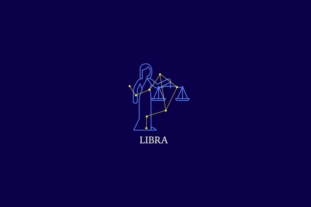 Ilustração com fundo azul-escuro do signo de Libra