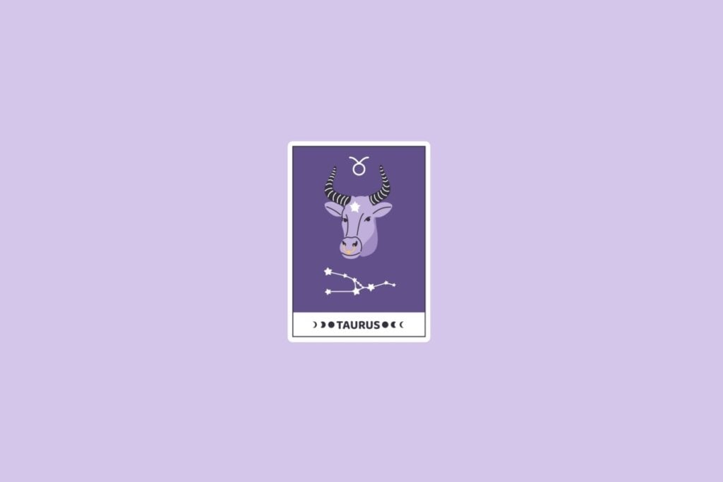 Ilustração do signo de Touro com a cabeça de um touro estilizada, seus chifres em destaque, sobre um fundo roxo com a constelação de Touro na base