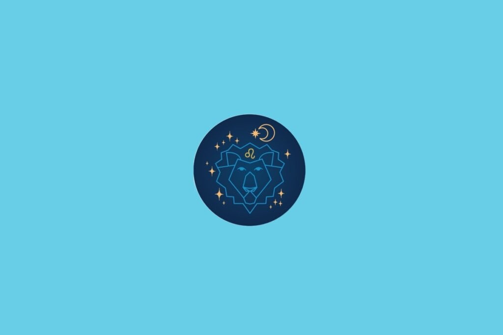 Ilustração do signo de Leão com a cabeça de um leão estilizada, rodeada por estrelas e um fundo azul