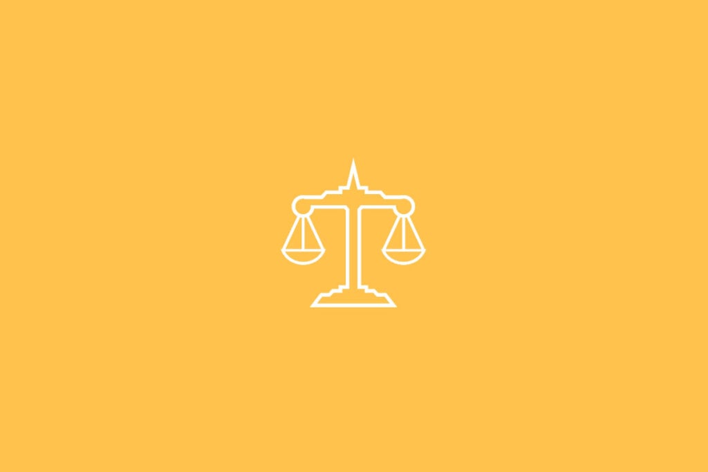 Ilustração do signo de Libra em fundo amarelo, com uma balança equilibrada