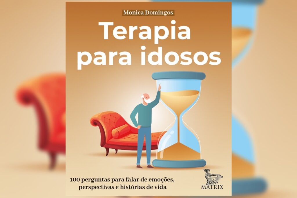 Capa do livro "Terapia para Idosos", que destaca um idoso ao lado de uma ampulheta 