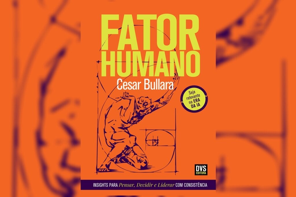 Capa do livro "Fator Humano" em tom laranja forte com uma ilustração de um homem