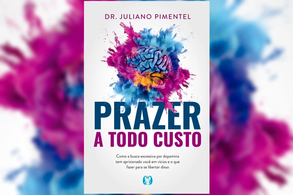 Capa do livro "Prazer a Todo Custo" com uma explosão de cores vibrantes e um cérebro