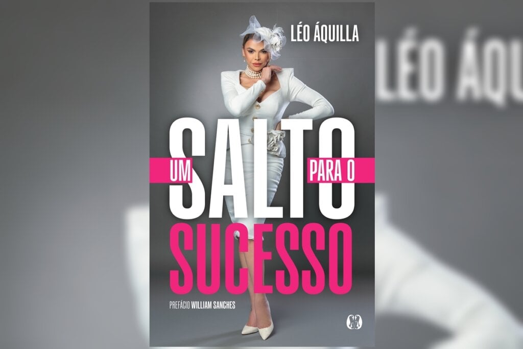 Capa do livro "Um Salto para o Sucesso" com Léo Áquilla em um elegante traje branco