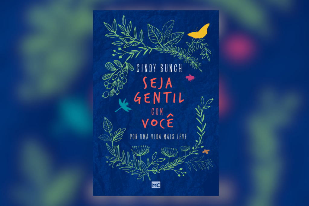 Capa de livro com o título e nome da autora fundo em azul-escuro e há plantas circulando o titulo do livro 