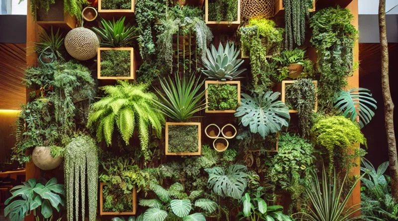 Um jardim vertical exuberante em uma área externa, composto por samambaias, hera, jiboia, asplênio, orquídeas e suculentas. O jardim está montado em u