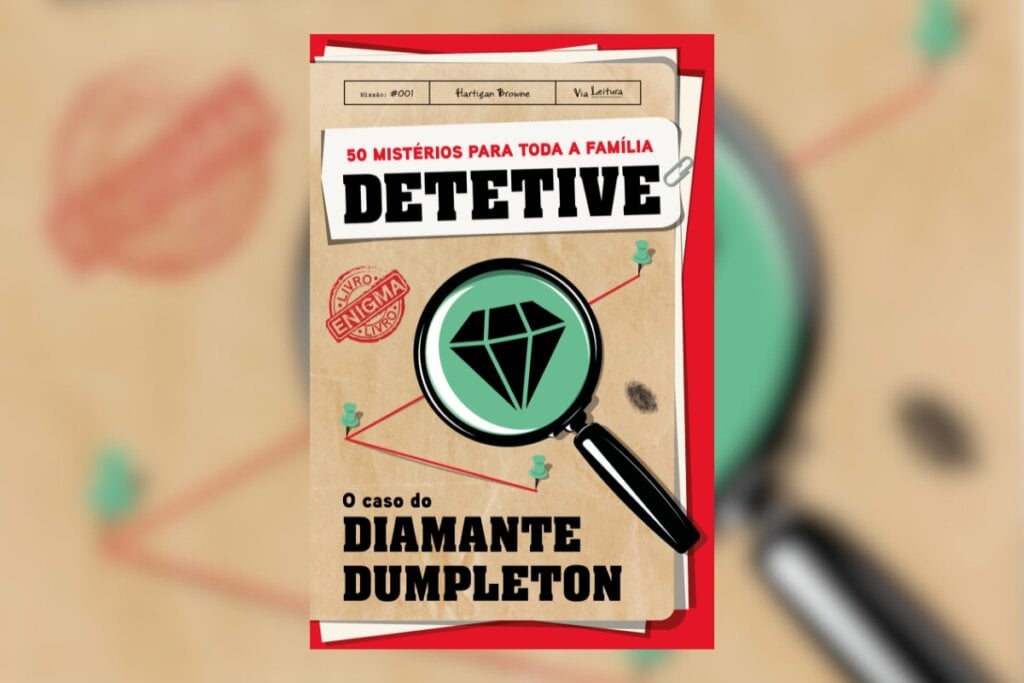 Ilustração de uma luneta sobre um diamante na capa do livro "Detetive o caso do diamante Dumpleton"