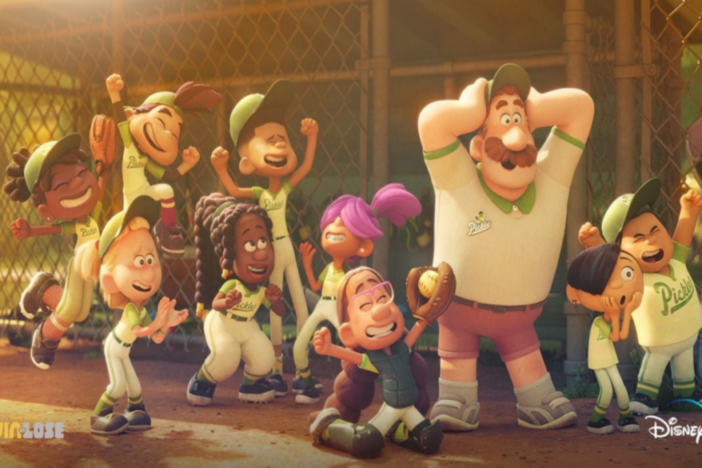 Imagem de personagens da animação "Ganhar ou Perder", com um time de softball em um momento de celebração