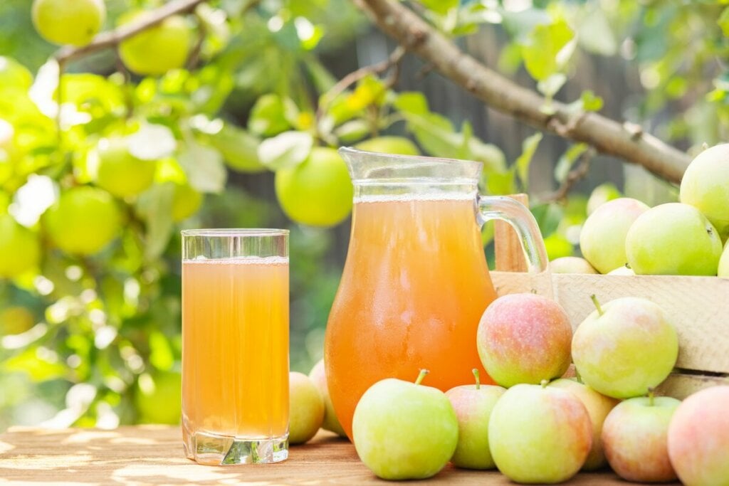 Jarra e copo de vidro com suco de maçã 