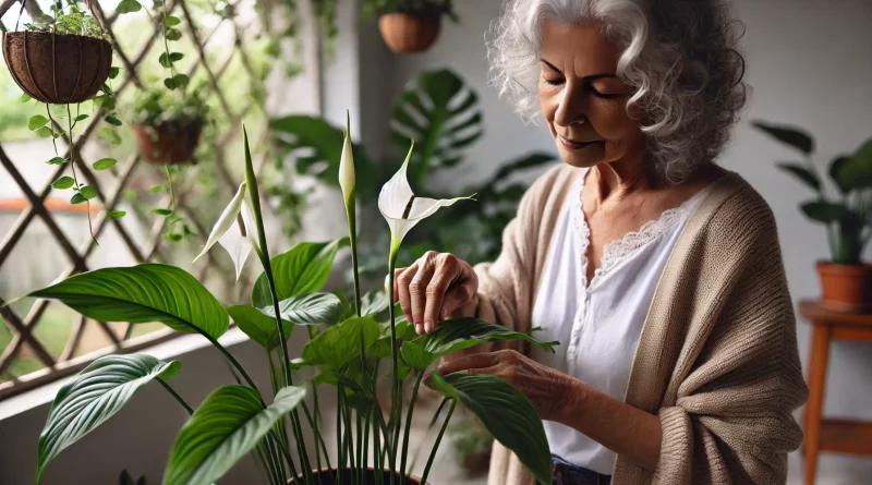 Uma mulher idosa com cabelos grisalhos e expressão tranquila cuidando de um lírio da paz