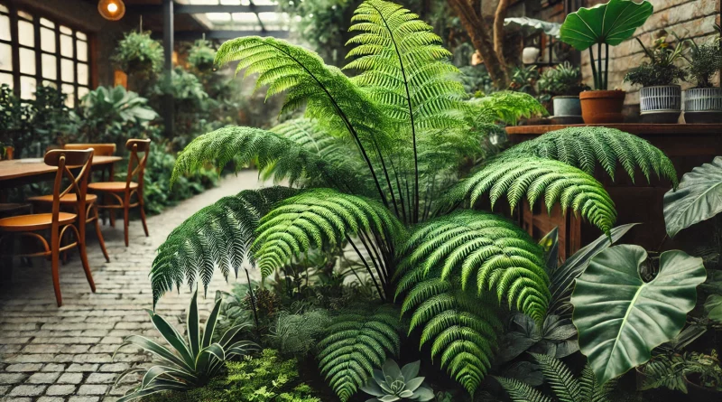 Uma samambaia exuberante em um jardim, com folhas longas e delicadas pendendo ao redor