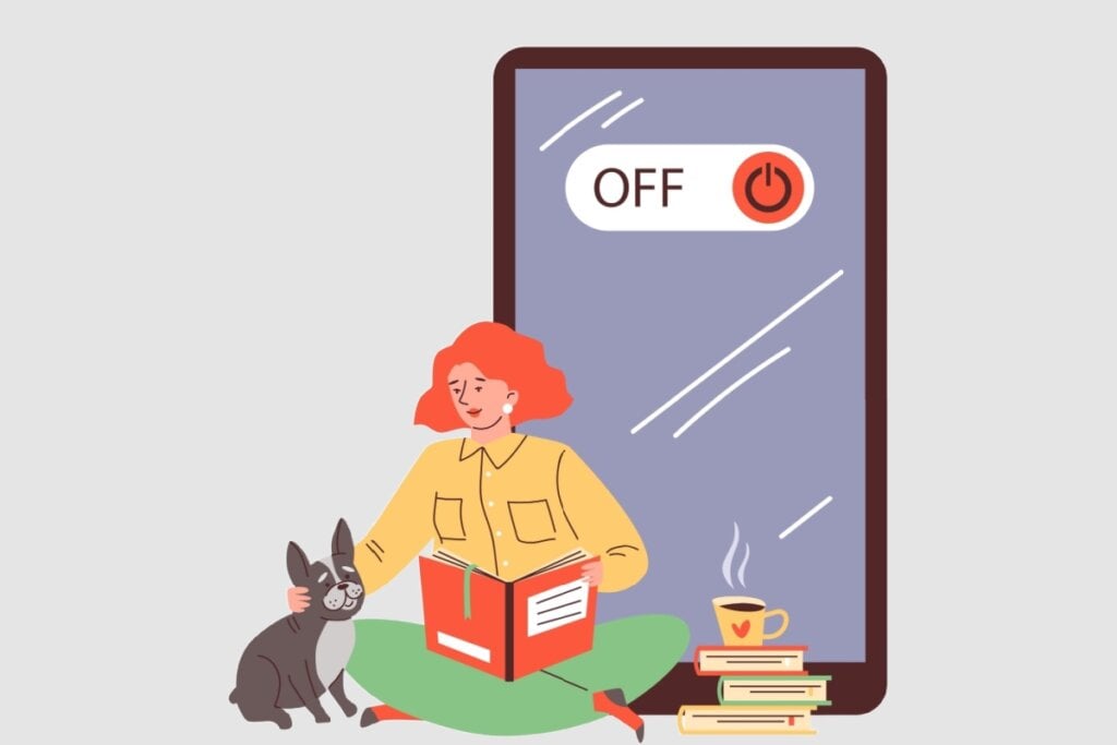 Ilustração de uma mulher lendo um livro ao lado de um cachorro, com um celular gigante exibindo "OFF" ao fundo